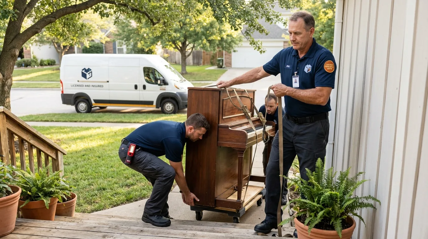 Licensed piano movers securing grand piano in East Rockaway, NY