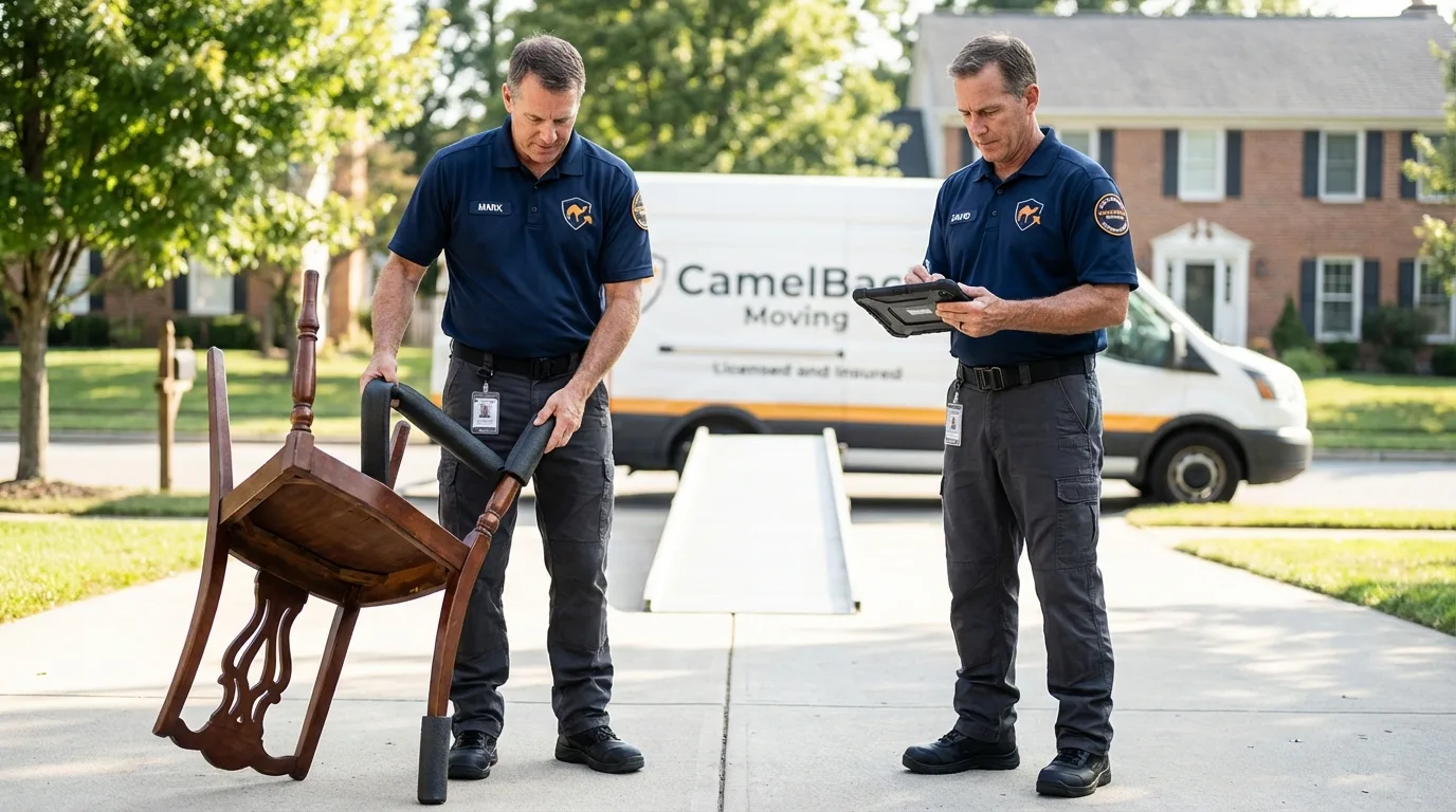Movers inspecting furniture for damage prevention before loading in East Rockaway, NY