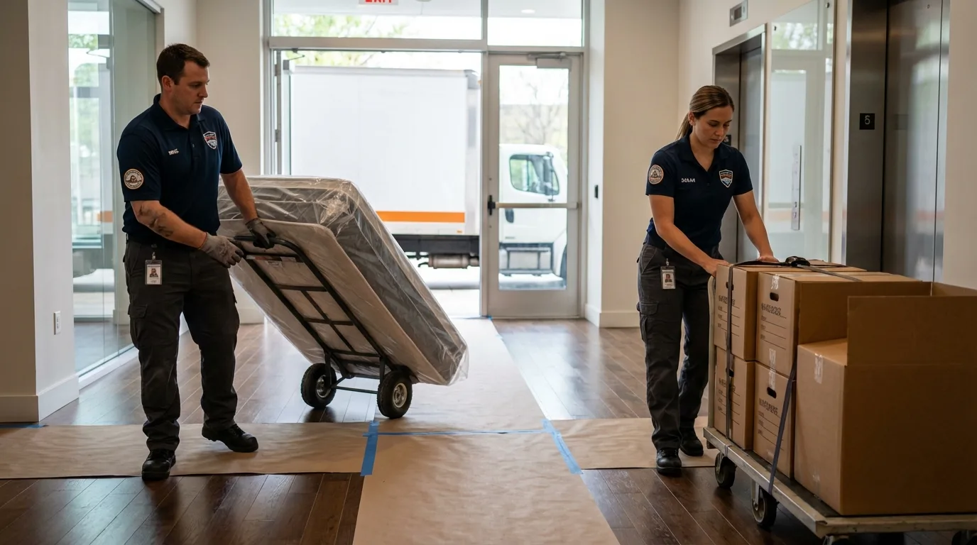 Professional apartment movers loading elevator in East Rockaway, NY