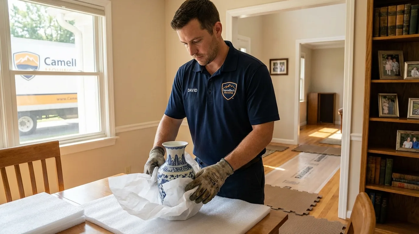 Professional crew carefully wrapping antique vase for senior downsizing move in East Rockaway, NY