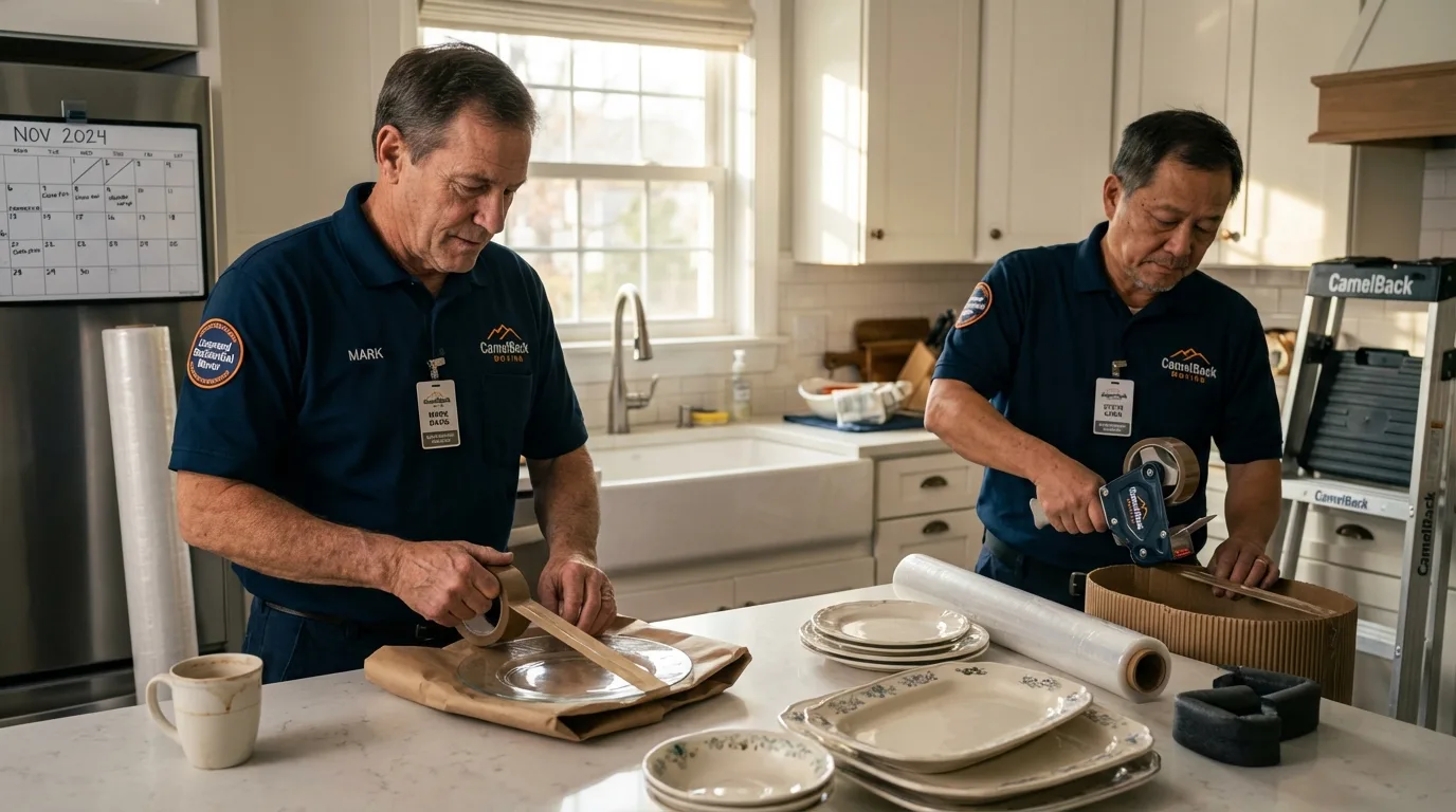 Professional crew packing kitchen dishware in East Rockaway, NY